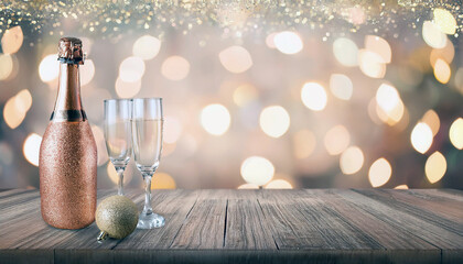 Glittery champagne bottle, two glasses, and a gold ornament await a toast!