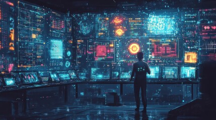 Fototapete - Futuristic lab showcasing a hand-drawn AI prototype with vibrant screens displaying complex data and algorithms in a dynamic environment