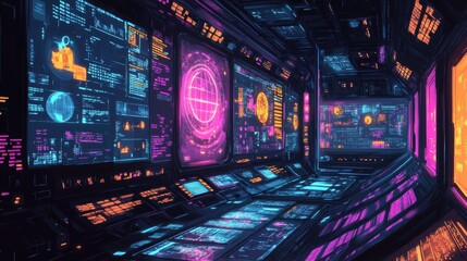 Fototapete - Futuristic lab showcasing a hand-drawn AI prototype with vibrant screens displaying complex data and algorithms in a dynamic environment