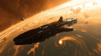 Poster - A colossal space station glides silently around a vibrant gas giant while swirling storms rage below in the depths of the cosmos
