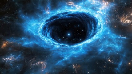 Poster - A luminous blue nebula encircles a black hole, with stars spiraling into the abyss of space
