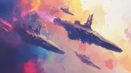 Poster - A fleet of advanced spaceships navigates the vibrant remnants of a supernova, exploring cosmic dust and stellar beauty in the universe