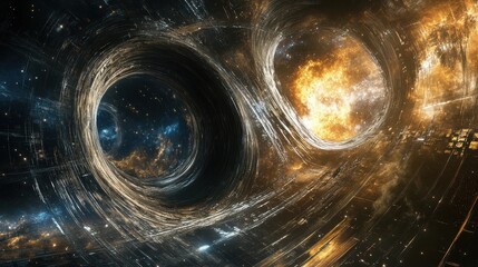 Poster - Cosmic event of two black holes merging, creating powerful waves in space-time, observed in the vast universe