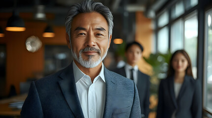 Poster - Confident businessman standing with colleagues in a modern office.