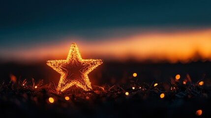 Wall Mural - Star decoration with warm lights against a sunset background.