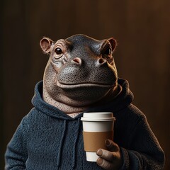 A whimsical image featuring a hippo in a hoodie, holding a coffee cup, blending the animal and human worlds in a humorous way.