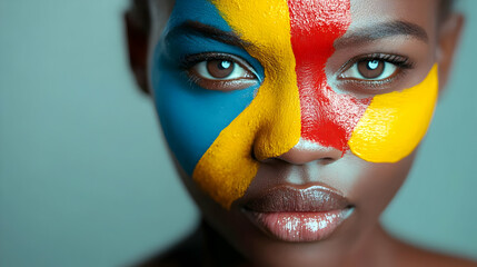 Sticker - Portrait of a person with colorful face paint in vibrant colors.