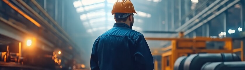 Industrial Worker in Hard Hat Looking at Factory Machinery