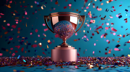 Sticker - A trophy with colorful confetti celebrating achievement.