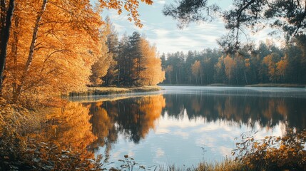 A postcard with a beautiful landscape of a serene lake surrounded by autumn trees, the vibrant orange and yellow leaves reflected in the water.