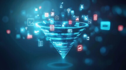 Poster - Digital Data Funnel with Technology Icons and Glow Effects