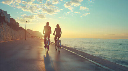 Sticker - Two cyclists ride along a peaceful seaside path at sunset.