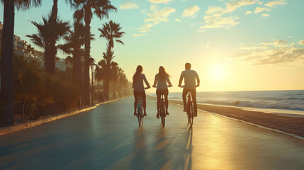 Canvas Print - Three people biking along a beachside path at sunset.