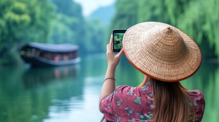 A woman wearing a traditional conical hat takes a picture of a boat in a scenic river.