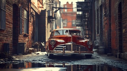 Naklejka na meble A realistic rendering of a vintage car parked in a quiet alley, with detailed reflections on the polished paint, showing the surrounding buildings.