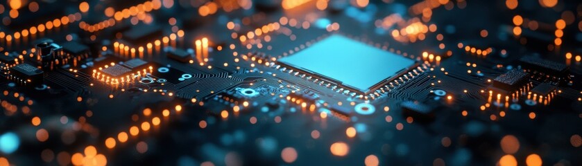 ** Close-up of a Modern Circuit Board with Glowing Microchip and Electronic Components in a Futuristic Technology Setting..**