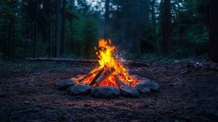 Cozy Campfire in a Forest Clearing with Glowing Flames and Surrounding Trees at Dusk