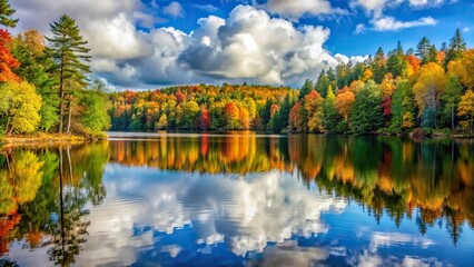 Close-up forest landscape with lake and colorful foliage