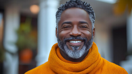 Poster - Smiling man in an orange sweater against a blurred outdoor background.