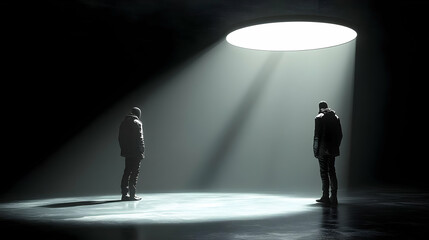 Poster - Two figures stand under a spotlight in a dark, mysterious space.