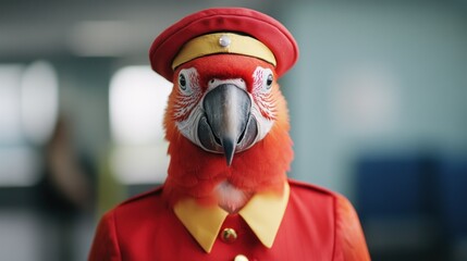 A colorful parrot in a red uniform unveiling the charm of animals in unique attire and their captivating presence in human spaces