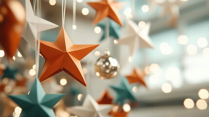 Colorful hanging stars and decorations for festive celebrations.