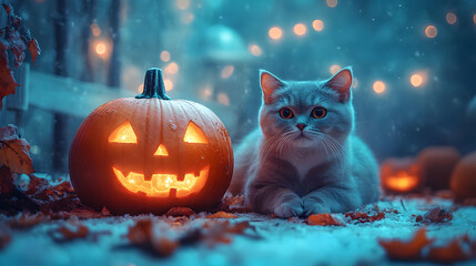 Canvas Print - A cozy scene featuring a cat beside a glowing Halloween pumpkin.