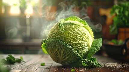 Wall Mural - a head of cabbage sitting on top of a wooden table