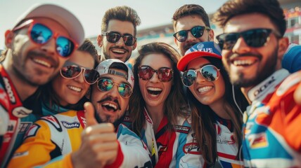 Excited group of MotoGP fans posing for photo, showcasing vibrant team colors and sunglasses, capturing thrill of motorsport culture