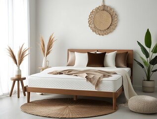 cozy beige bedroom showcasing a wooden double bed adorned with plush pillows, minimalist decor, and a bright white wall perfect for mockups, bathed in soft, warm light (16)