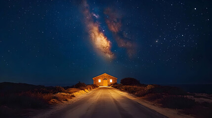 Poster - A serene house under a starry sky with the Milky Way above.