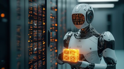 Poster - AI assistant holding glowing data cubes inside a digital vault, Privacy, security,  futuristic, data, technology, digital, protection
