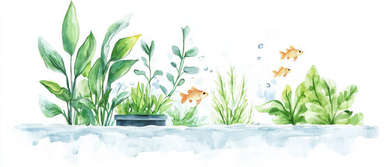 Aquatic plants and goldfish in a serene watercolor style, white isolated background.