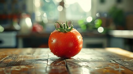 Wall Mural - a tomato sitting on top of a wooden table