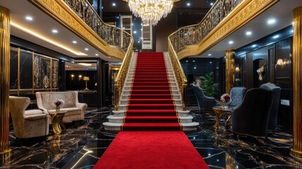 A luxurious room with a red carpet leading to a grand staircase, sparkling chandeliers above and elegant decor surrounding.