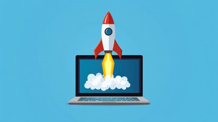 Poster - A rocket blasting out of a laptop screen, representing technological advancement and the power of online business.