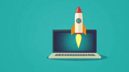 Poster - A rocket blasting out of a laptop screen, representing technological advancement and the power of online business.