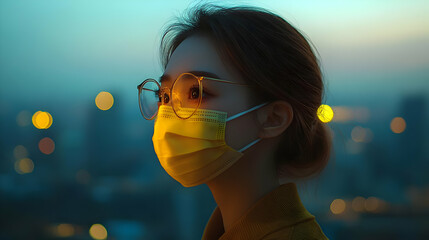 Poster - A woman wearing glasses and a mask, gazing at a cityscape at dusk.