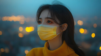 Poster - A woman in a yellow mask gazes at a cityscape at dusk.