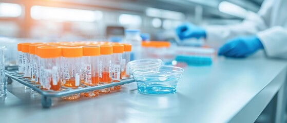 Laboratory scene showcasing test tubes, laboratory equipment, and a researcher in blue gloves conducting experiments.