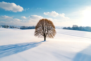 A top view of a field blanketed in snow during winter, with a single tree standing in the center