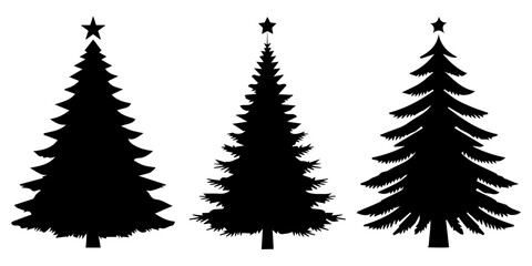 Christmas tree black icon. Stylized simple vector fir tree isolated on white background, Christmas Trees Pictogram Set, Silhouettes of Various Christmas Trees Icons, Pine tree silhouettes. Evergreen