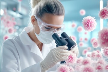 Researcher examining virus samples through microscope in laboratory, showcasing scientific analysis and healthcare innovation.