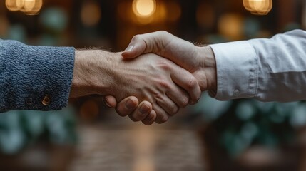 Two hands shaking in a business setting, symbolizing agreement.