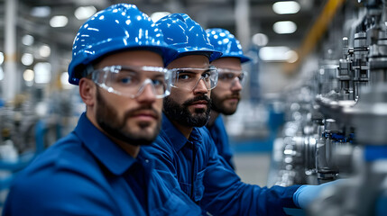 Poster - Three workers in blue uniforms and helmets at an industrial site.