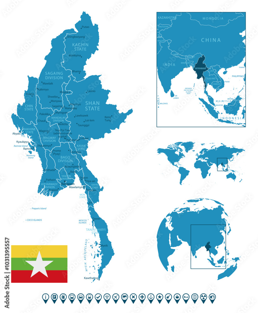 Myanmar Detailed Blue Country Map With Cities Regions Location On 1000 F 1031395557