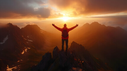 Sticker - A person stands on a mountain peak, celebrating a vibrant sunset.