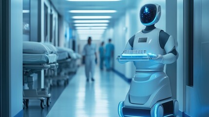 Poster - AI robot delivering medication and assisting with patient care in a cutting-edge healthcare facility