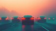 © Intelligent Horizons - Futuristic cityscape depicting a traffic jam with cars emitting exhaust under a smog filled sky symbolizing the environmental impact of urban transportation  The scene has a moody