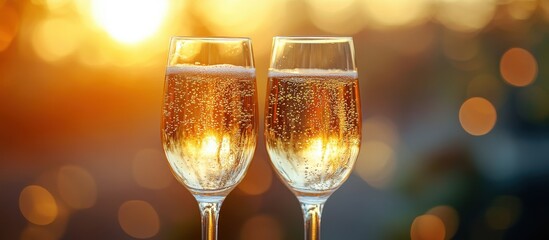 Two Sparkling Wine Glasses Against a Golden Sunset with Bokeh Background Celebrating a Special Occasion or Festive Event